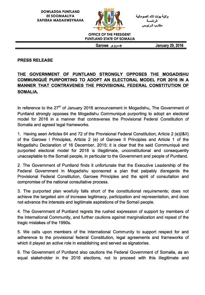 PRESS RELEASE-The Government of Puntland Strongly Opposes the Mogadishu Communiqué Purporting to Adopt an Electoral Model For 2016
