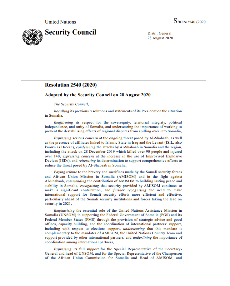 Somalia: Resolution 2540 (2020) Adopted by the Security Council on 28 August 2020