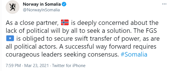 Somalia: Norway is deeply concerned about the lack of political will by all to seek a solution.